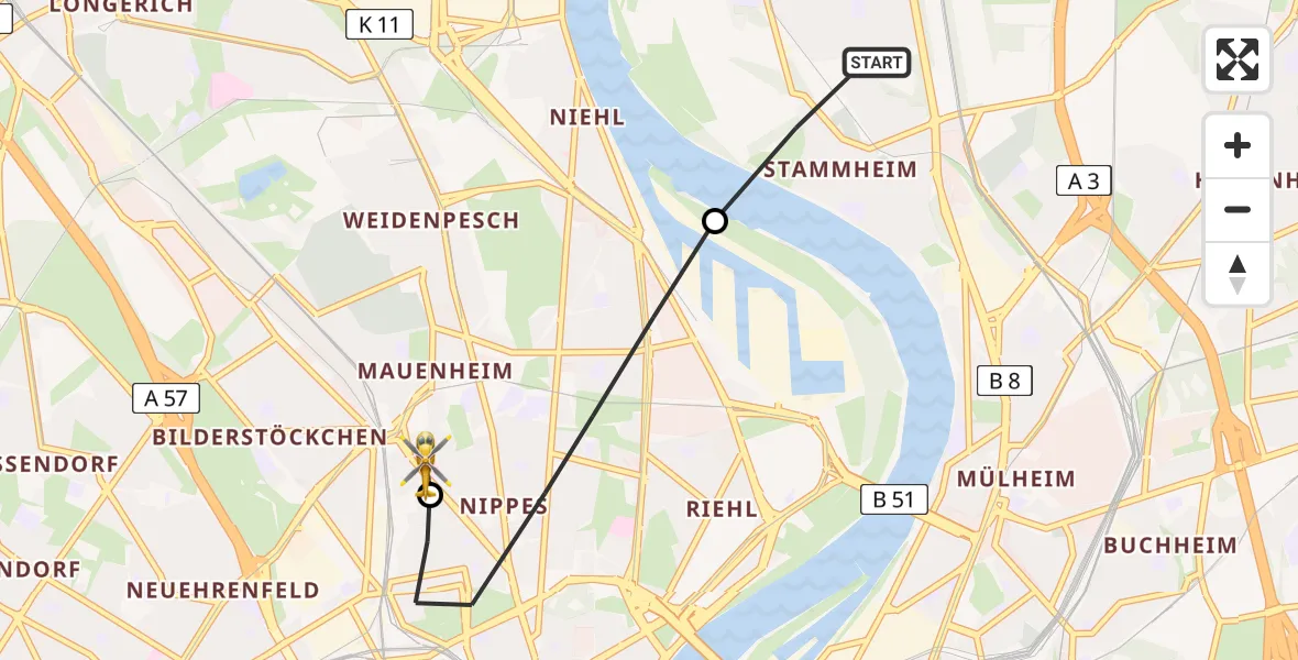 Flugroute Ambulanzhubschrauber Mülheim - Sankt Vinzenz Hospital, 07 März 2026, 14:37