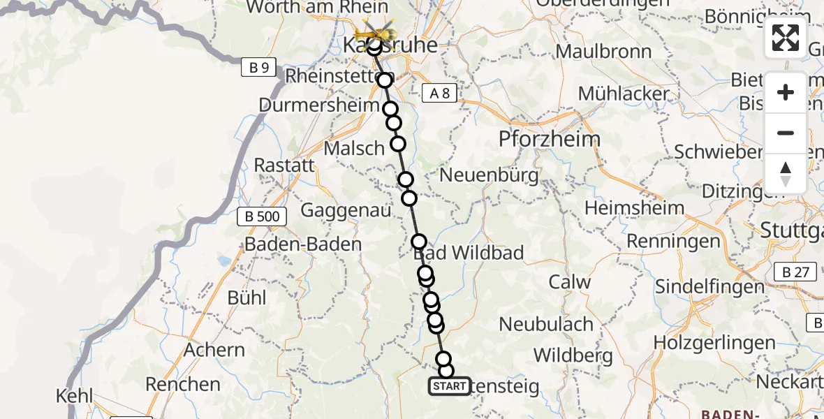 Flugroute Rettungshubschrauber Göttelfingen - Karlsruhe, 07 März 2026, 14:38