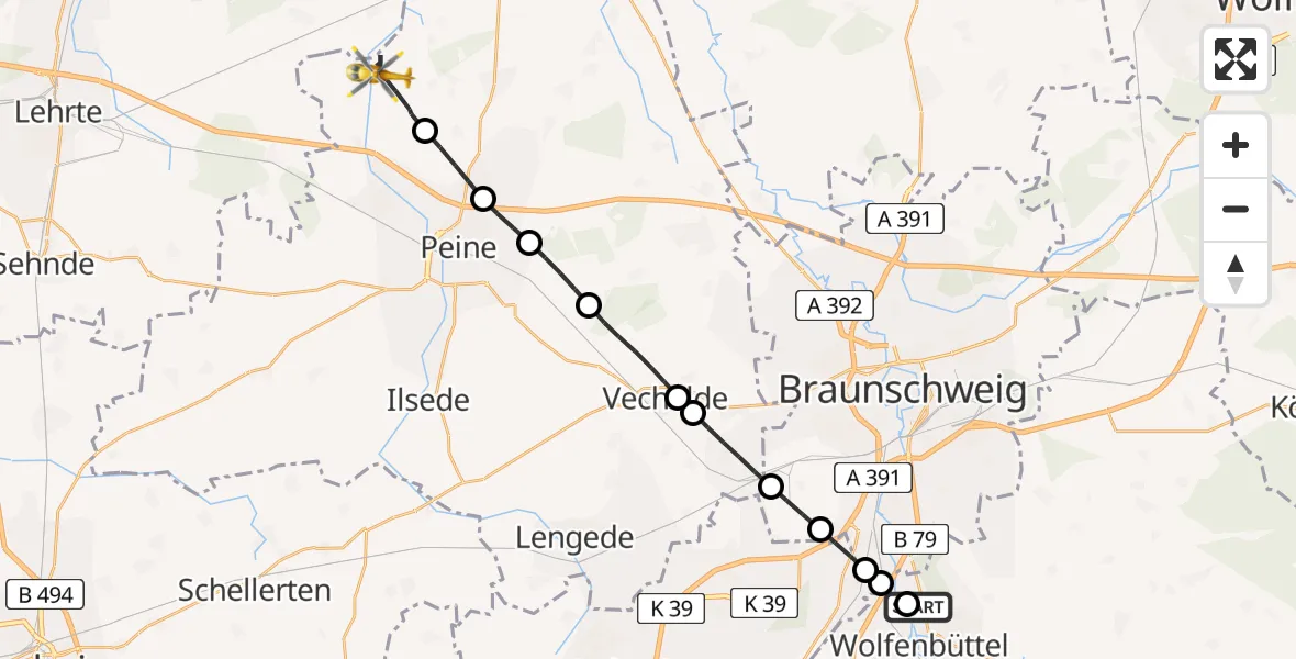 Flugroute Rettungshubschrauber Wolfenbüttel Municipal Hospital Heliport (Christoph 30) - Abbensen, 07 März 2026, 14:45