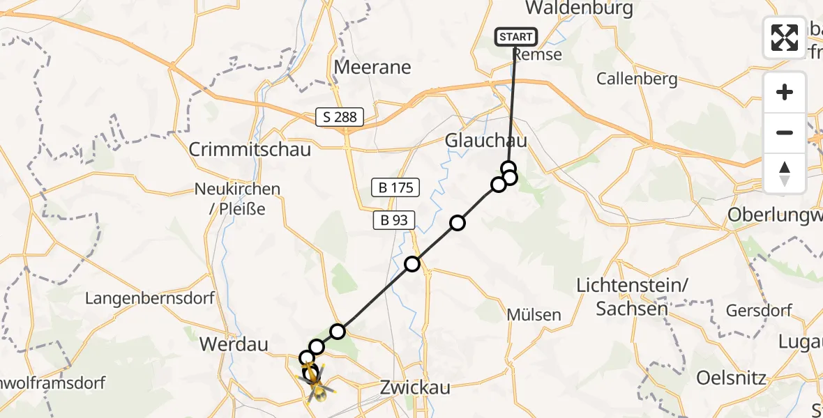 Flugroute Rettungshubschrauber Remse - ADAC Air Rescue Station Zwickau Heliport, 07 März 2026, 14:28
