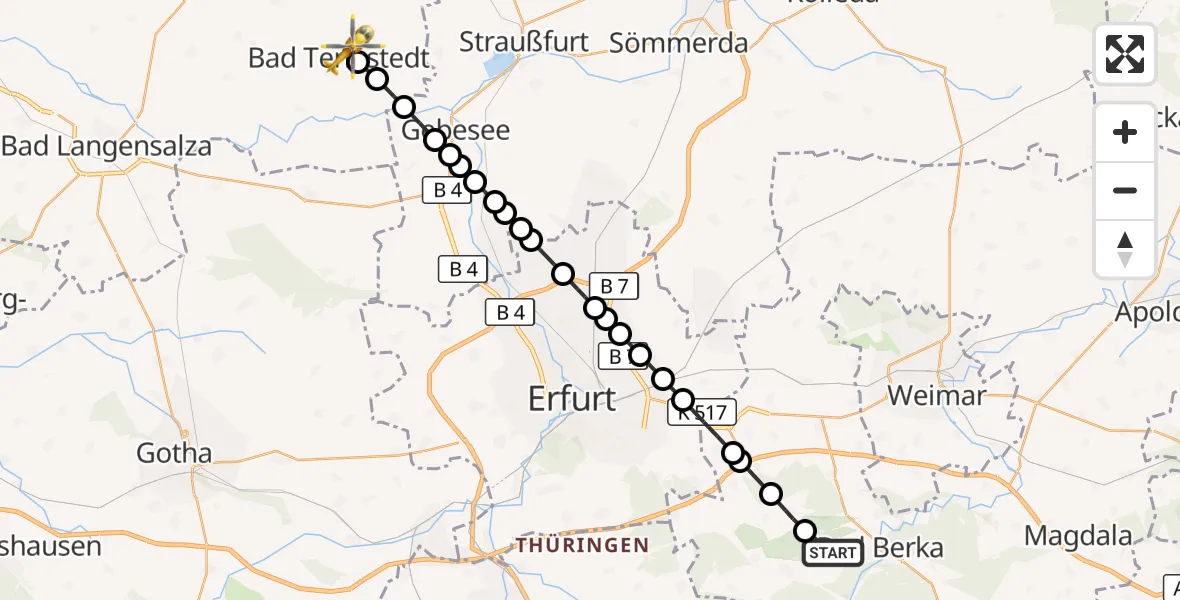 Flugroute Ambulanzhubschrauber Tiefengruben - Bad Tennstedt, 07 März 2026, 15:09