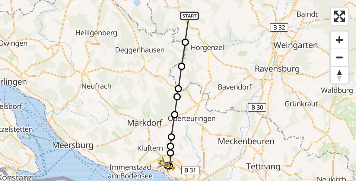 Flugroute Rettungshubschrauber Hasenweiler - Friedrichshafen Hospital, 07 März 2026, 15:10
