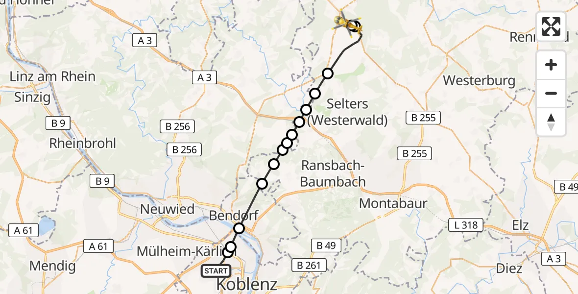 Flugroute Rettungshubschrauber Koblenz - Höchstenbach, 07 März 2026, 15:10