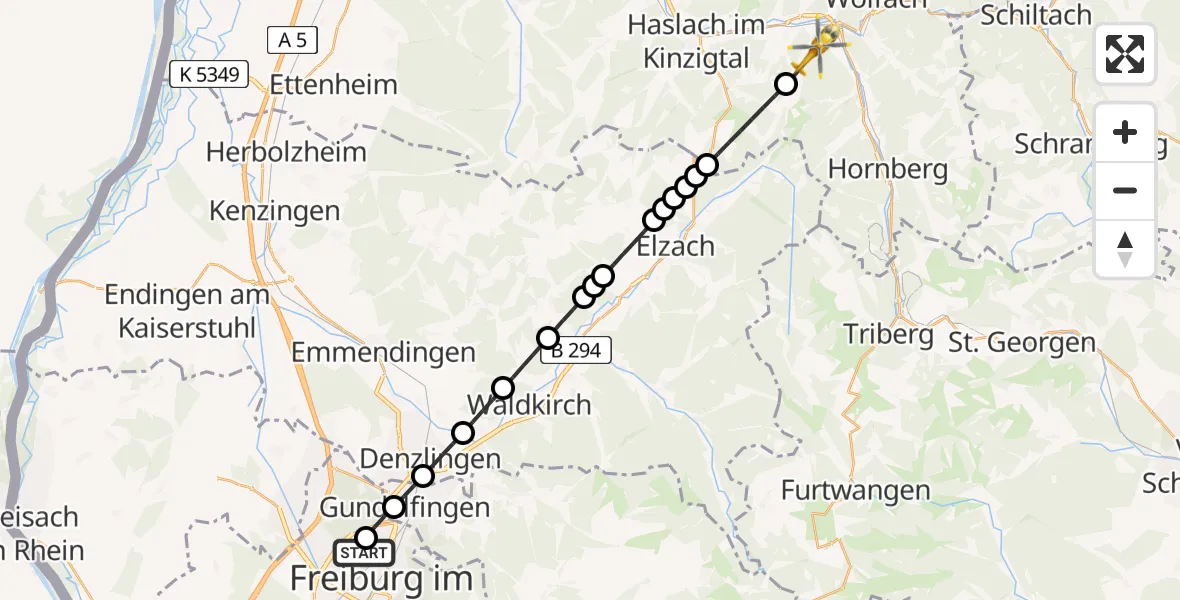 Flugroute Rettungshubschrauber Freiburg im Breisgau Airfield - Hausach, 07 März 2026, 15:18
