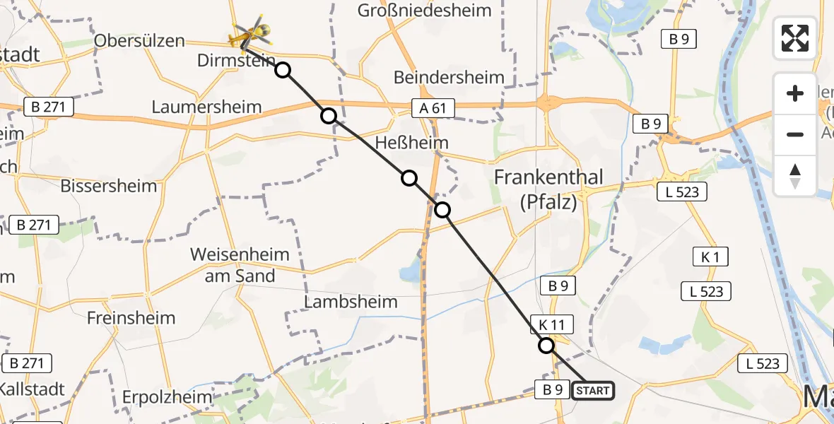 Flugroute Rettungshubschrauber Ludwigshafen am Rhein - Dirmstein, 07 März 2026, 15:19