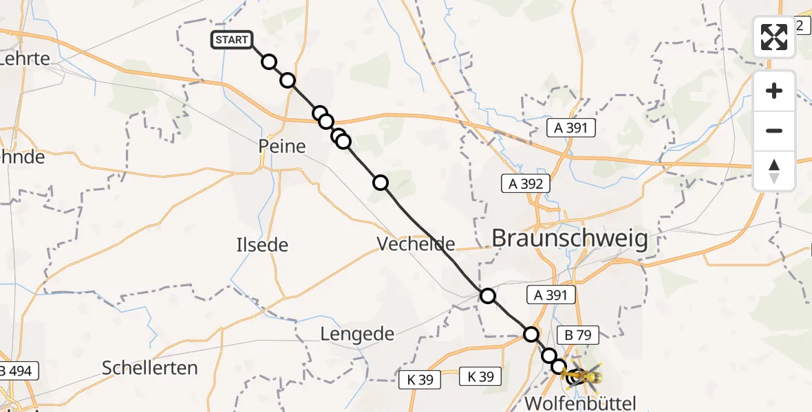 Flugroute Rettungshubschrauber Abbensen - Wolfenbüttel Municipal Hospital Heliport (Christoph 30), 07 März 2026, 15:20