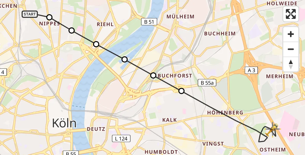 Flugroute Ambulanzhubschrauber Sankt Vinzenz Hospital - Kalk, 07 März 2026, 15:25
