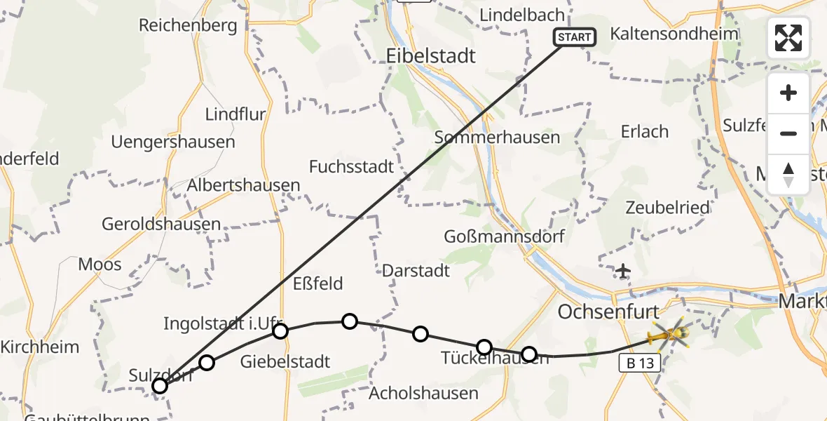 Flugroute Rettungshubschrauber Westheim - Ochsenfurt Hospital, 07 März 2026, 15:29