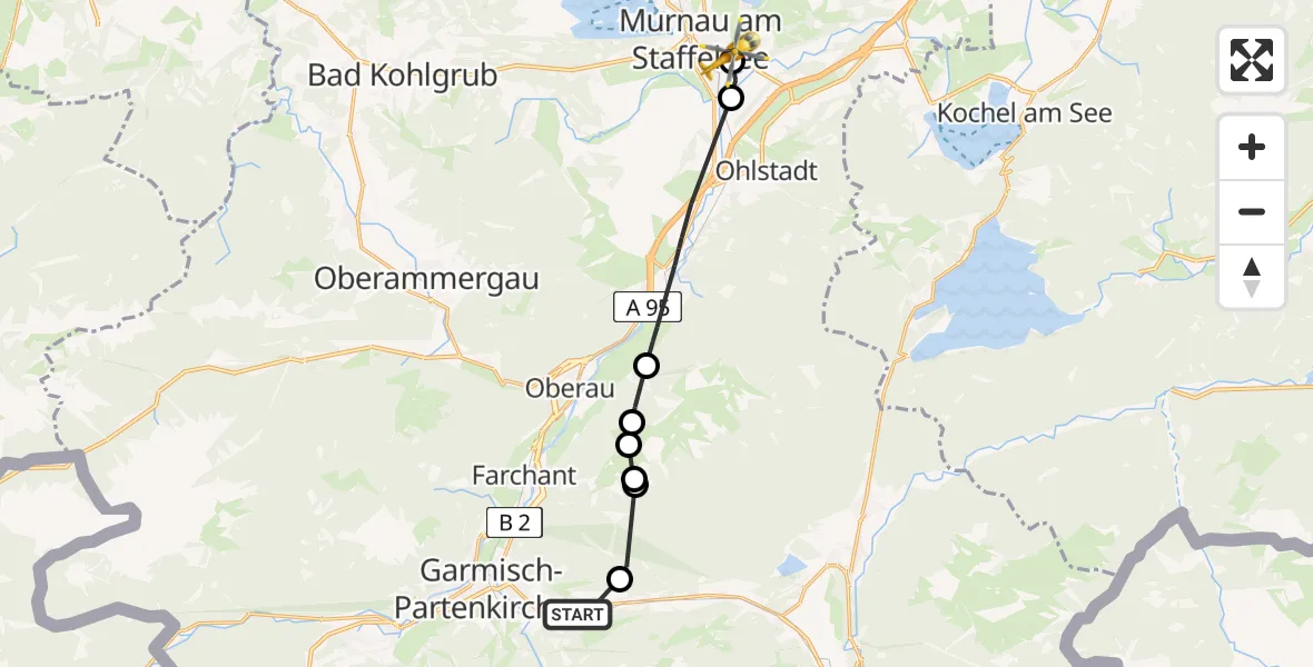 Flugroute Rettungshubschrauber Garmisch-Partenkirchen - Murnau Accident Hospital, 07 März 2026, 15:33