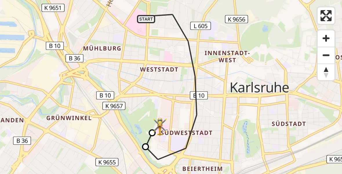 Flugroute Rettungshubschrauber Karlsruhe - Sankt Vincentius Hospital, 07 März 2026, 15:35