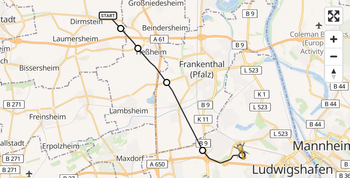 Routekaart van de vlucht: Rettungshubschrauber nach Ludwigshafen Accident Hospital