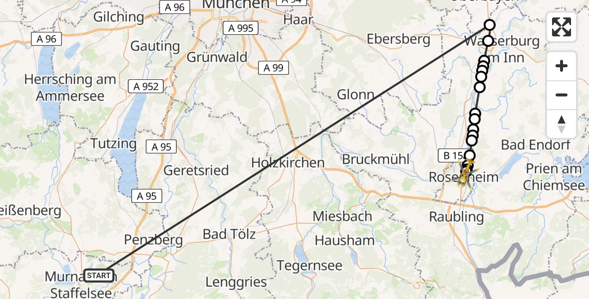 Flugroute Rettungshubschrauber Riegsee - RoMed Hospital Rosenheim, 07 März 2026, 15:42