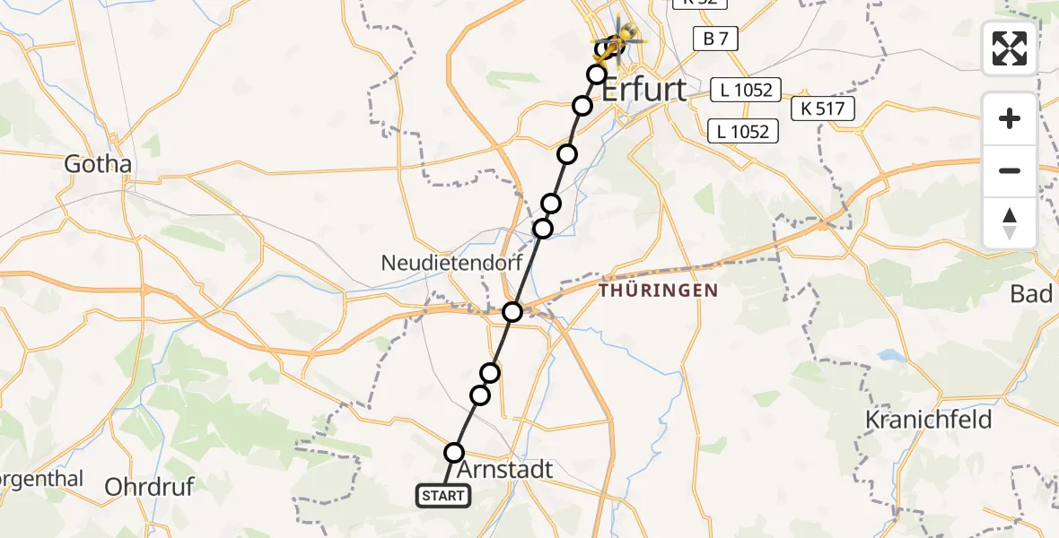 Flugroute Rettungshubschrauber Arnstadt - Helios Clinic Erfurt, 07 März 2026, 15:45