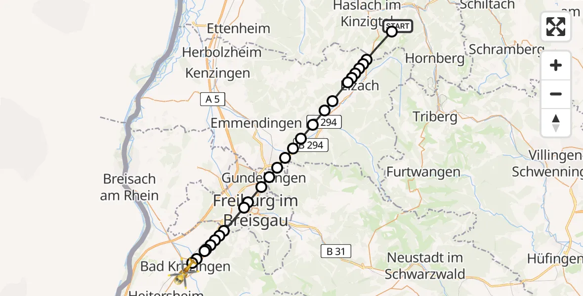 Routekaart van de vlucht: Rettungshubschrauber nach Bad Krozingen (Kernstadt), Schwimmbadstraße