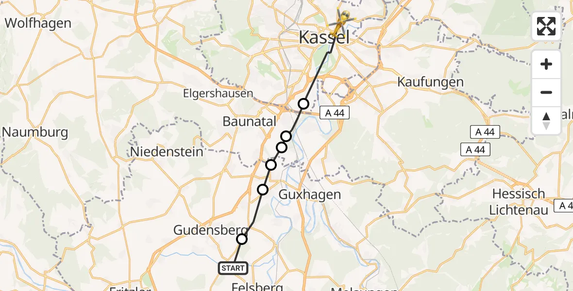 Routekaart van de vlucht: Ambulanzhubschrauber nach Kassel, Fuldatalstraße