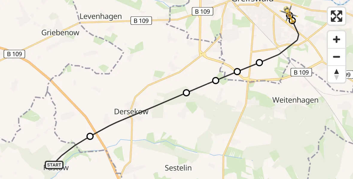Flugroute Rettungshubschrauber Pustow - Greifswald Hospital, 07 März 2026, 16:15