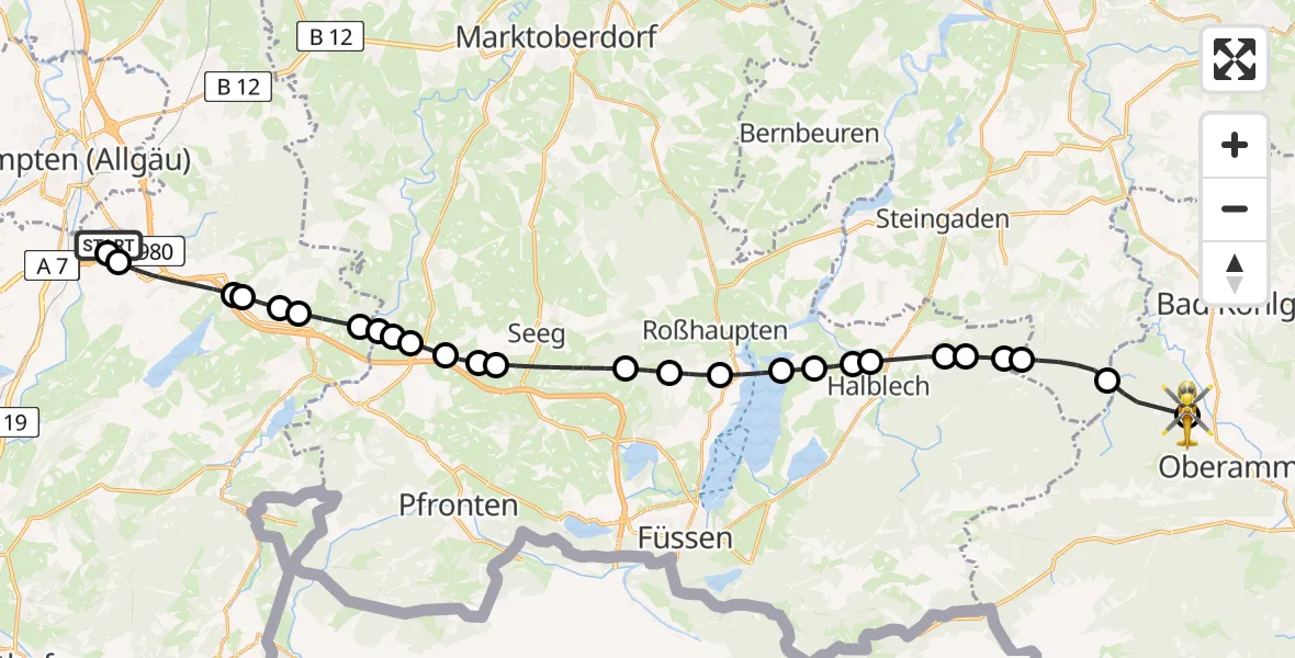 Flugroute Rettungshubschrauber Kempten-Durach Airfield - Unterammergau, 07 März 2026, 16:17