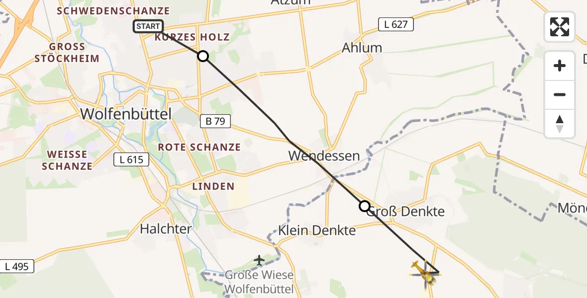 Flugroute Rettungshubschrauber Wolfenbüttel Municipal Hospital Heliport (Christoph 30) - Groß Denkte, 07 März 2026, 16:20