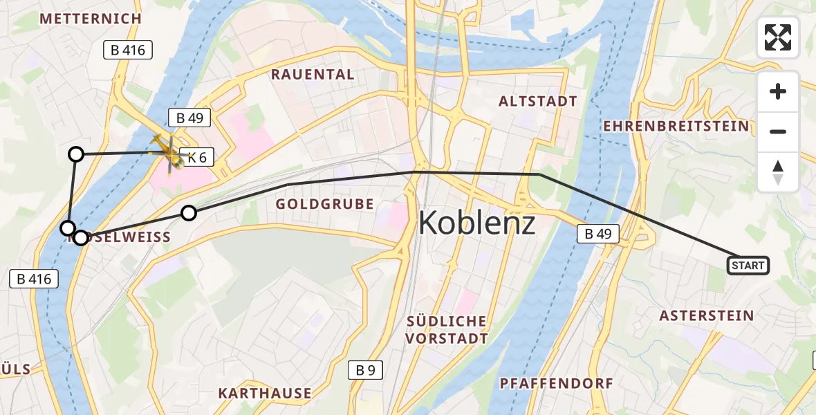 Flugroute Ambulanzhubschrauber Koblenz - Kemperhof Koblenz Clinic Heliport, 07 März 2026, 16:30