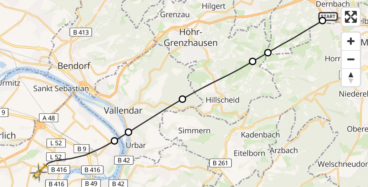 Flugroute Rettungshubschrauber Dernbach Sacred Heart Hospital - Koblenz, 07 März 2026, 16:35