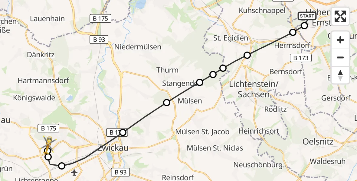 Routekaart van de vlucht: Rettungshubschrauber nach ADAC Air Rescue Station Zwickau Heliport