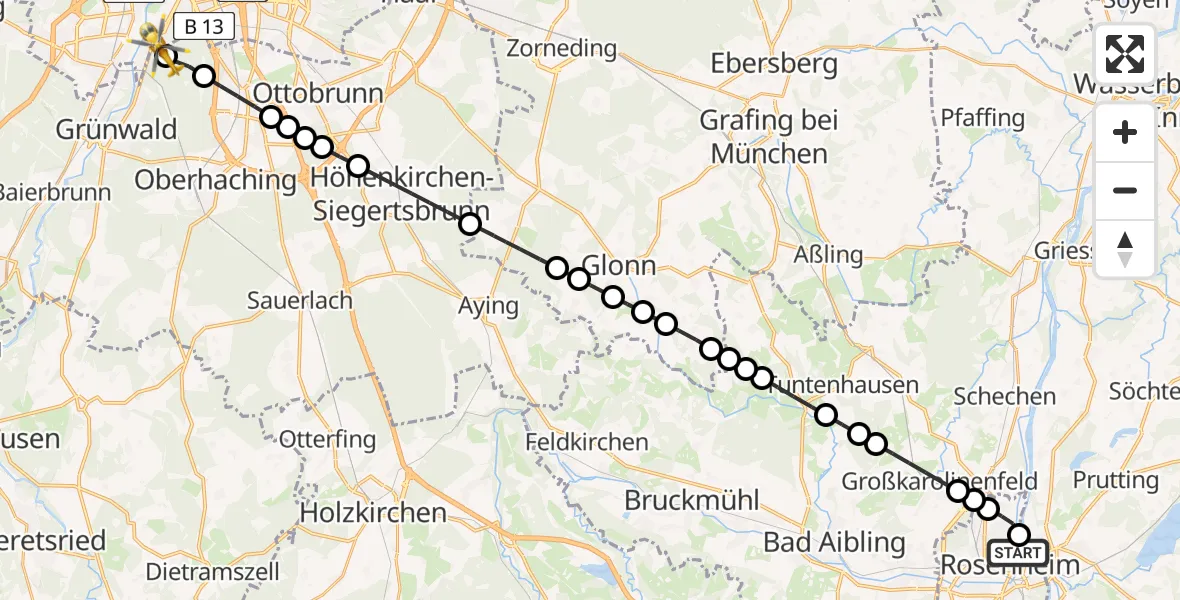 Flugroute Rettungshubschrauber RoMed Hospital Rosenheim - ADAC Air Rescue Center Heliport (Christoph 1), 07 März 2026, 16:50