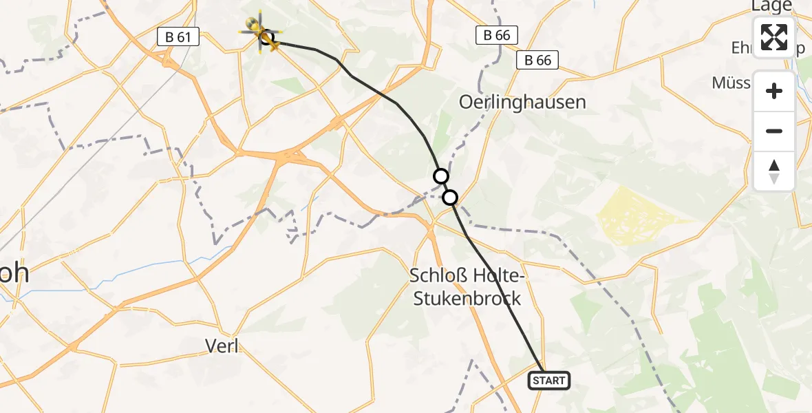 Routekaart van de vlucht: Rettungshubschrauber nach Luftrettungszentrum Bielefeld