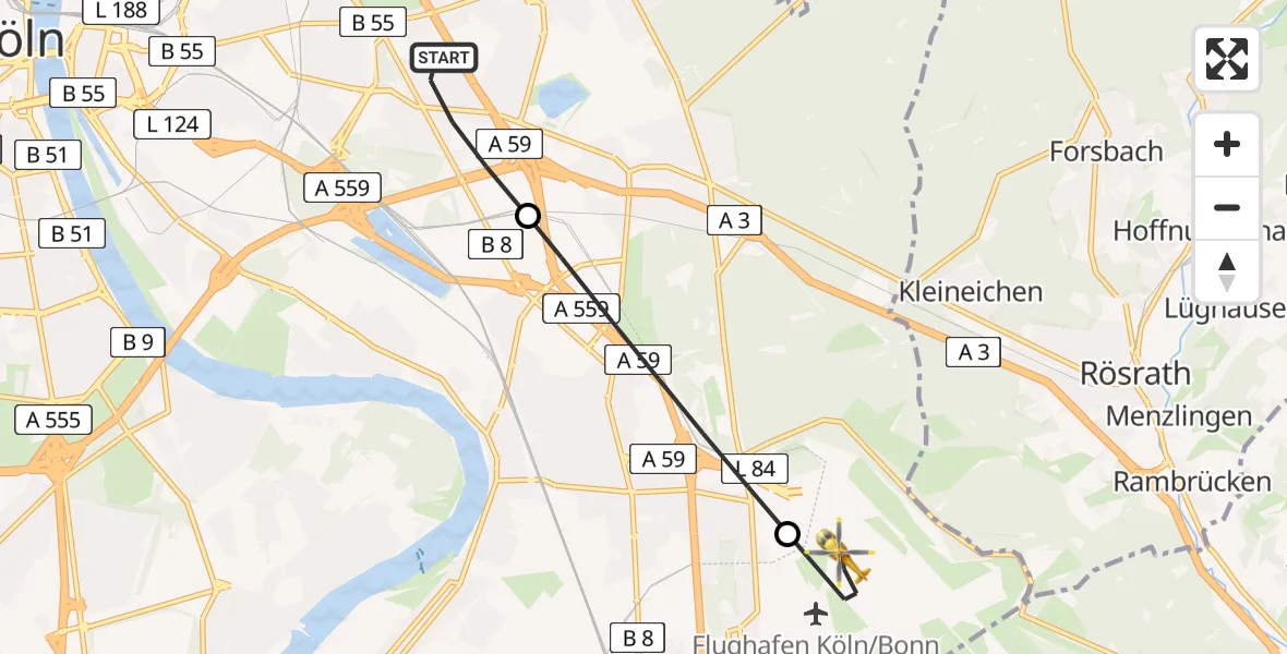 Flugroute Ambulanzhubschrauber Kalk - Cologne Bonn Airport, 07 März 2026, 16:52