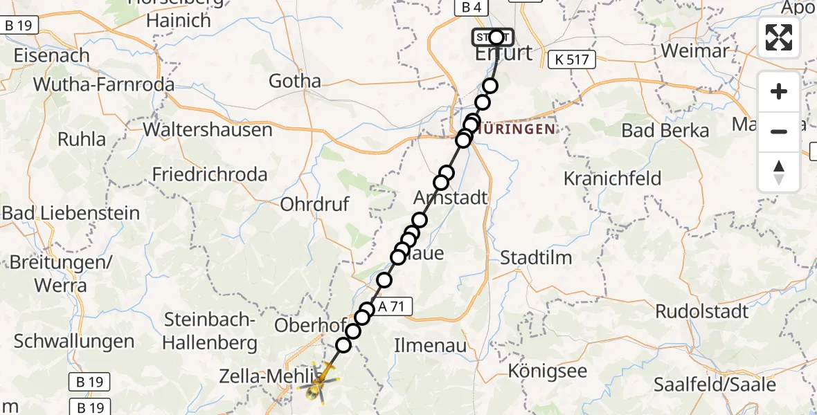 Flugroute Rettungshubschrauber Helios Clinic Erfurt - Heidersbach, 07 März 2026, 16:53
