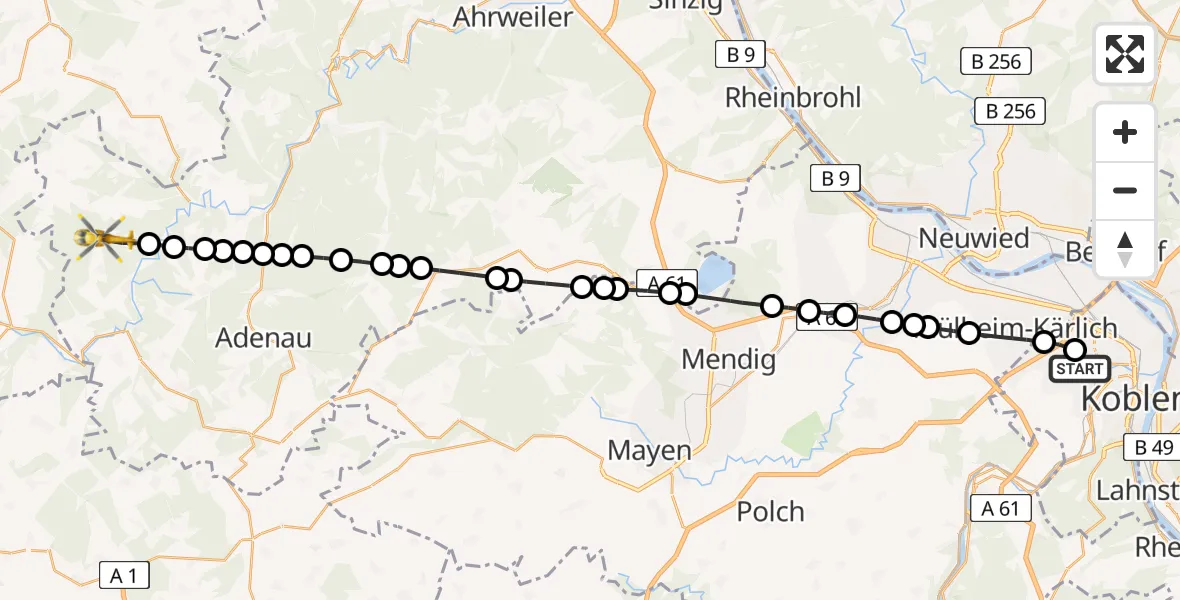 Flugroute Rettungshubschrauber Koblenz - Eichenbach, 07 März 2026, 17:05