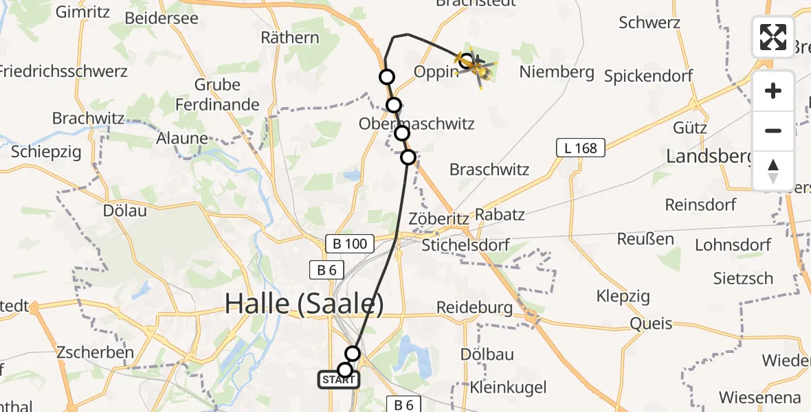 Flugroute Rettungshubschrauber BG Hospital Bergmannstrost Halle - Halle-Oppin Airfield, 07 März 2026, 17:10