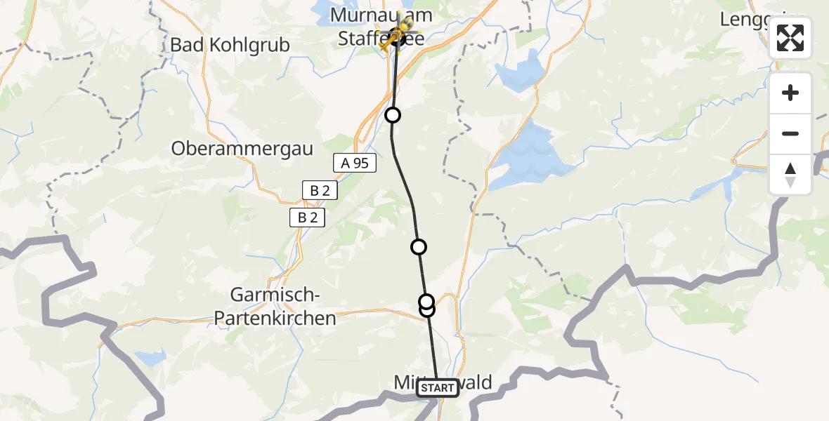 Flugroute Rettungshubschrauber Mittenwald - Murnau Accident Hospital, 07 März 2026, 17:19