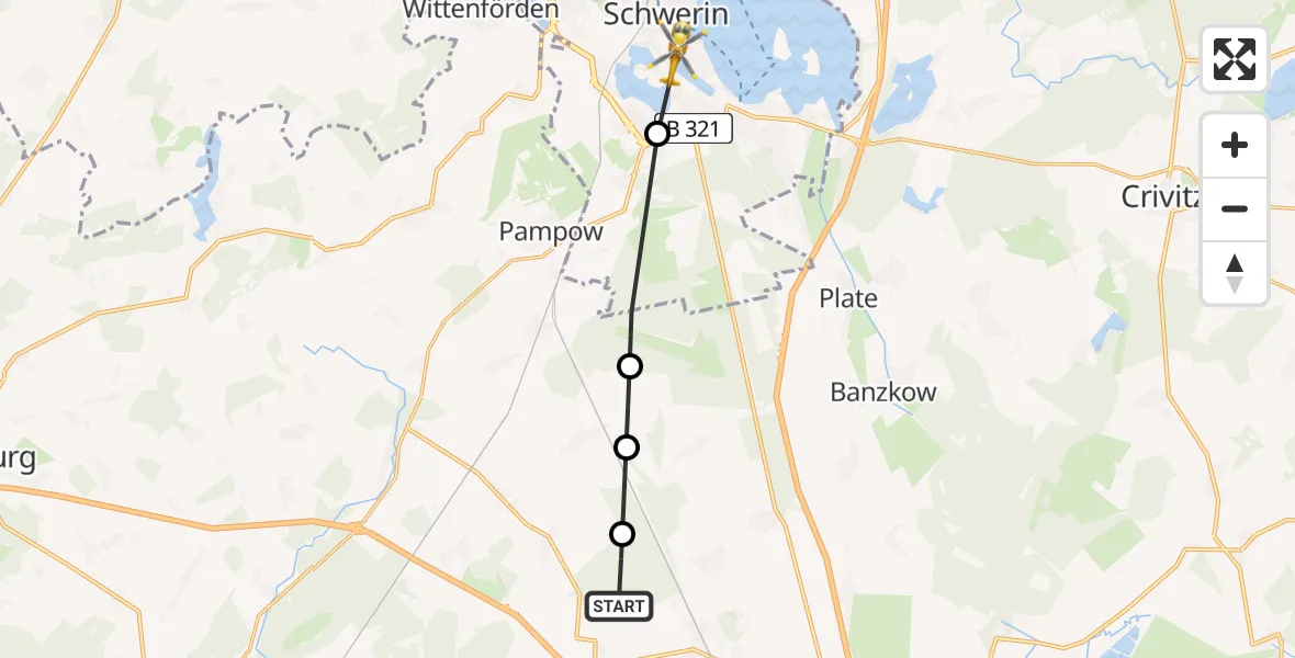 Flugroute Rettungshubschrauber Uelitz - Schwerin, 07 März 2026, 17:20