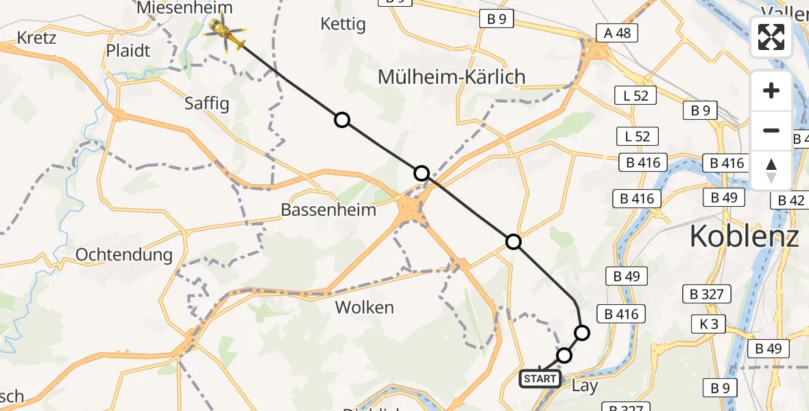 Flugroute Ambulanzhubschrauber Koblenz-Winningen Airfield - Miesenheim, 07 März 2026, 17:23