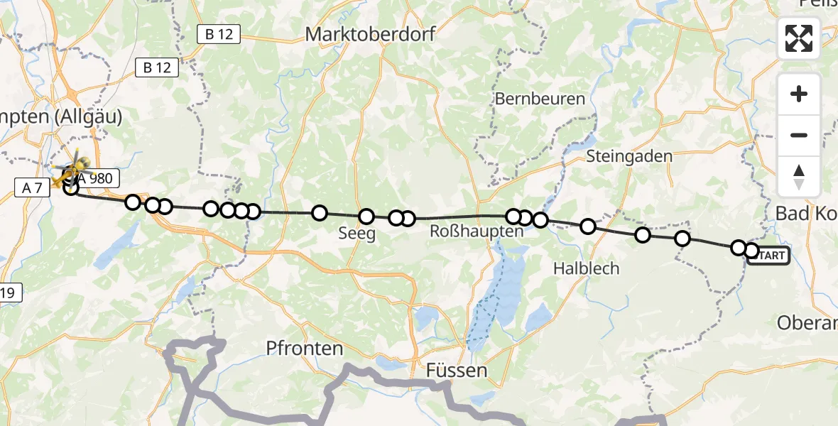 Routekaart van de vlucht: Rettungshubschrauber nach Kempten-Durach Airfield