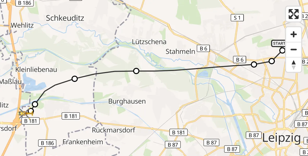 Flugroute Rettungshubschrauber Sankt Georg Hospital Leipzig Reserve - ADAC Air Rescue Station Leipzig/Schkeuditz-Dölzig Heliport (Christoph 61), 07 März 2026, 17:37
