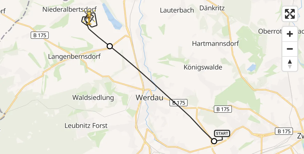 Flugroute Rettungshubschrauber ADAC Air Rescue Station Zwickau Heliport - Langenbernsdorf, 07 März 2026, 17:50