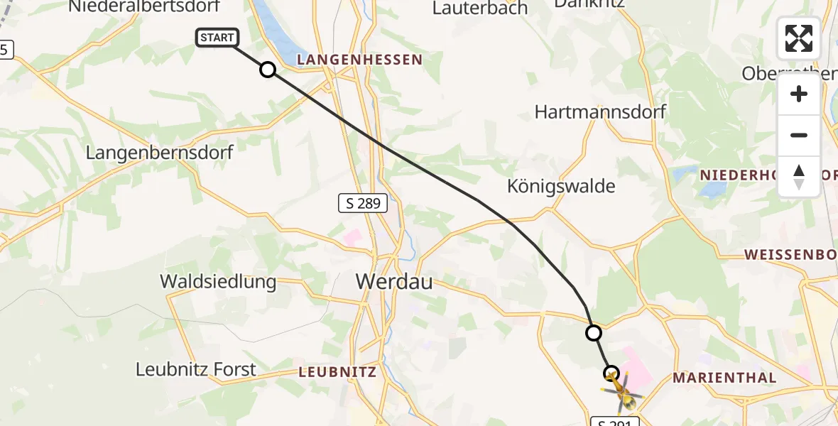 Flugroute Rettungshubschrauber Langenbernsdorf - ADAC Air Rescue Station Zwickau Heliport, 07 März 2026, 17:59