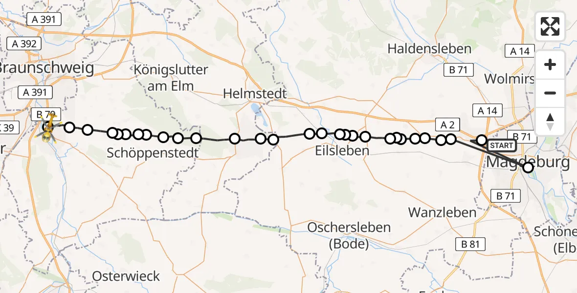 Flugroute Rettungshubschrauber Magdeburg Hospital - Wolfenbüttel Municipal Hospital Heliport (Christoph 30), 07 März 2026, 18:12