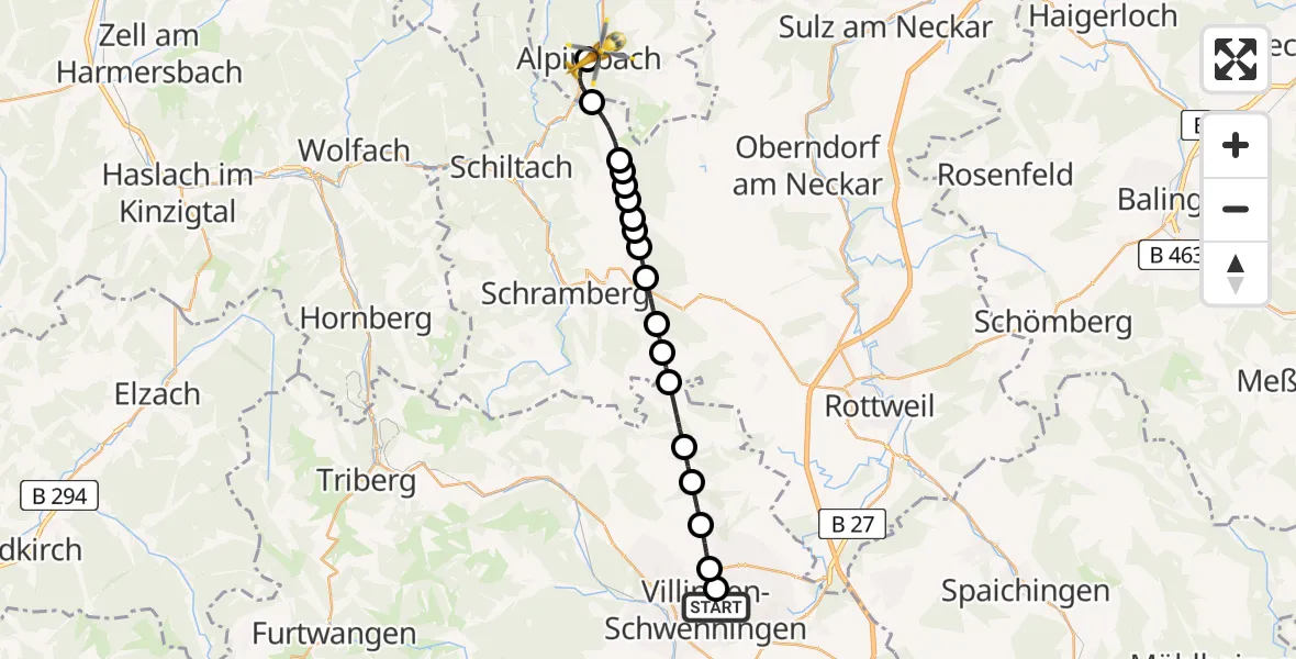 Routekaart van de vlucht: Rettungshubschrauber nach Alpirsbach, Schillerstraße