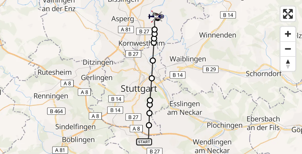 Flugroute Polizeihubschrauber Stuttgart Airport - Ludwigsburg, 07 März 2026, 19:16