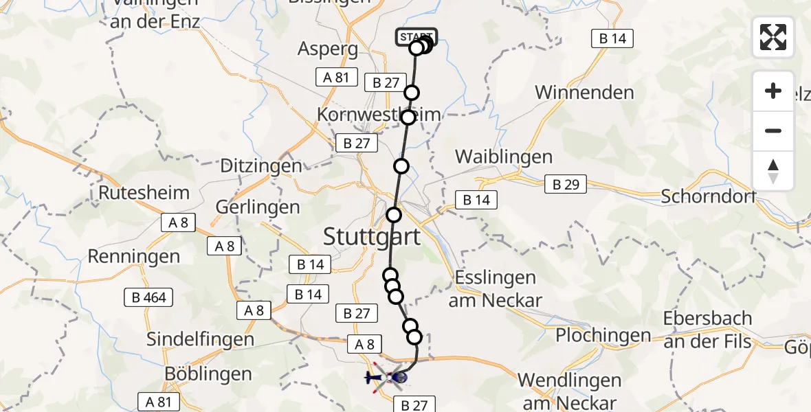 Flugroute Polizeihubschrauber Ludwigsburg - Stuttgart Airport, 07 März 2026, 19:46