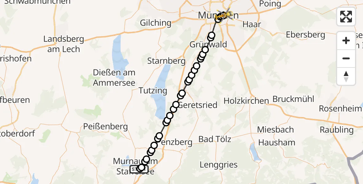 Flugroute Ambulanzhubschrauber Murnau Accident Hospital - Rechts der Isar University Hospital, 07 März 2026, 21:30