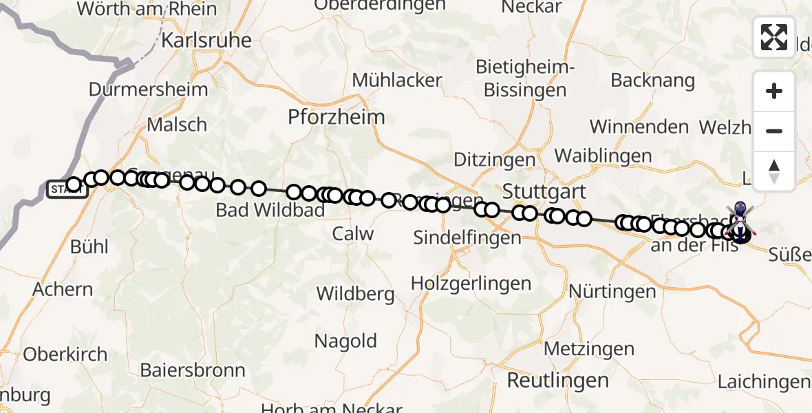 Flugroute Polizeihubschrauber Karlsruhe Baden-Baden Airport - Rechberghausen, 07 März 2026, 21:43
