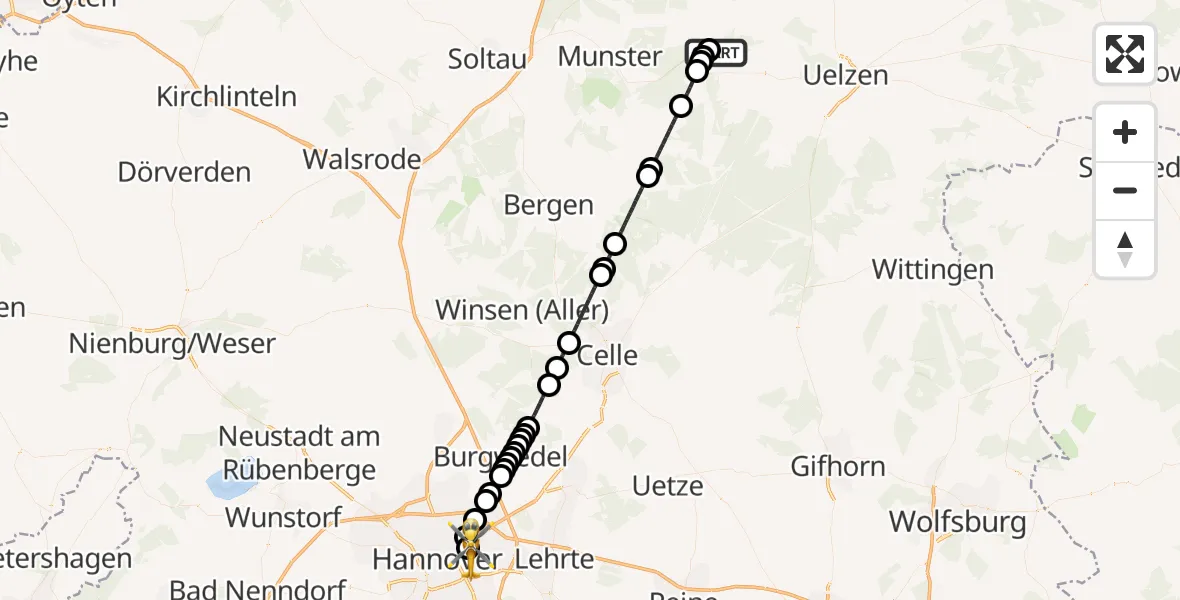 Flugroute Ambulanzhubschrauber Brockhöfe - Hannover Air Rescue Heliport (Christoph 4), 07 März 2026, 22:13