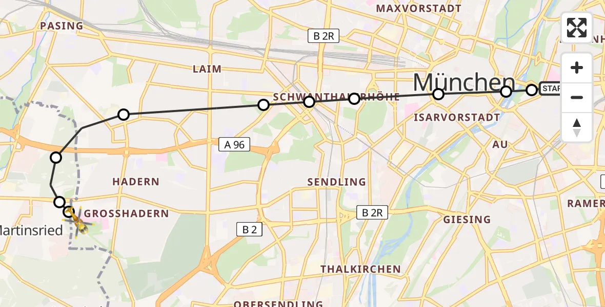 Flugroute Ambulanzhubschrauber Rechts der Isar University Hospital - DRF Air Rescue München Heliport, 07 März 2026, 22:17