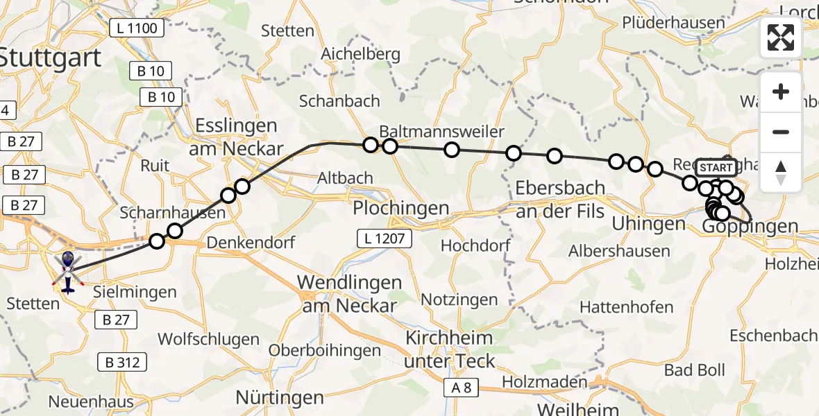 Flugroute Polizeihubschrauber Rechberghausen - Stuttgart Airport, 07 März 2026, 22:59