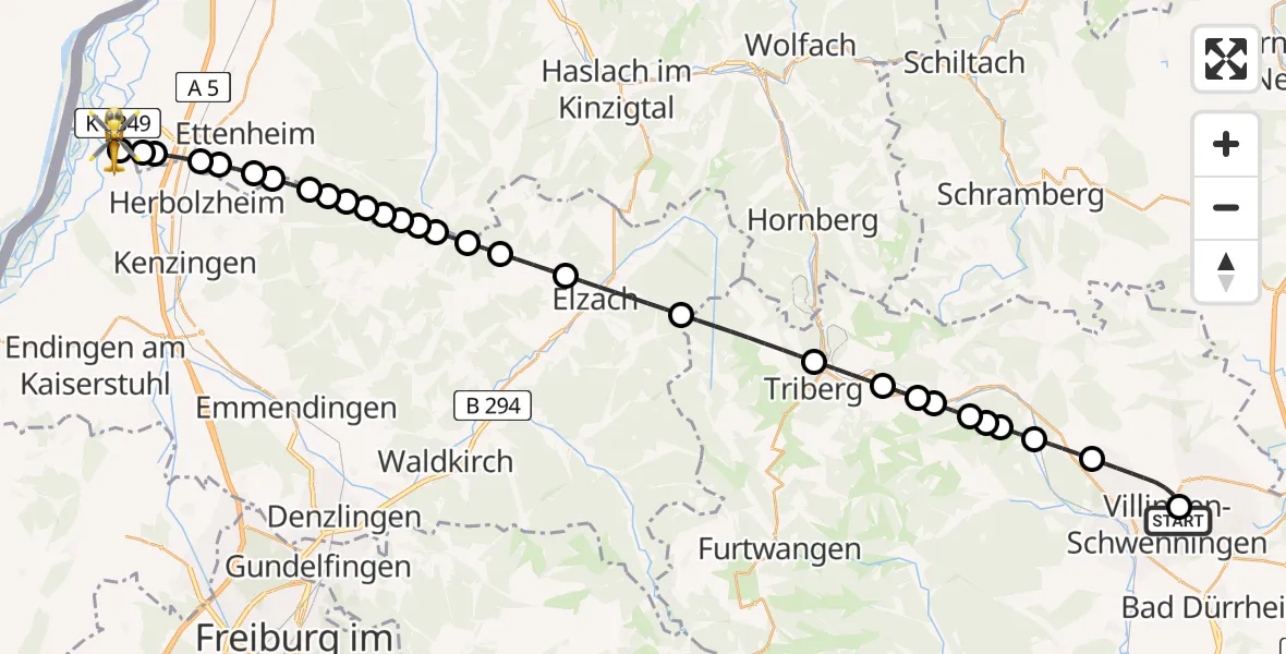 Flugroute Rettungshubschrauber DRF Air Rescue Station Villingen-Schwenningen Heliport (Christoph 11) - Rheinhausen, 07 März 2026, 23:14