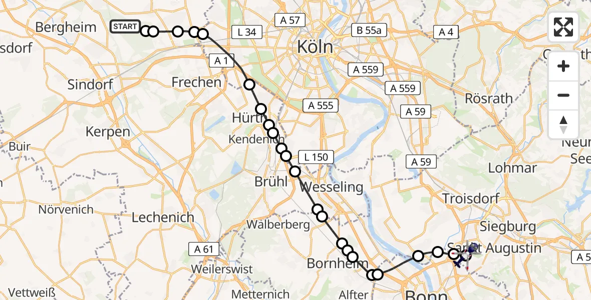 Flugroute Polizeihubschrauber Bergheim - Sankt Augustin, 08 März 2026, 00:24