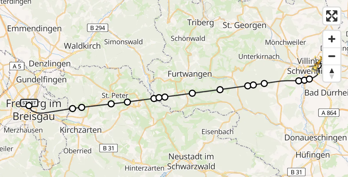 Flugroute Rettungshubschrauber Freiburg University Hospital Heliport 1 - DRF Air Rescue Station Villingen-Schwenningen Heliport (Christoph 11), 08 März 2026, 00:52